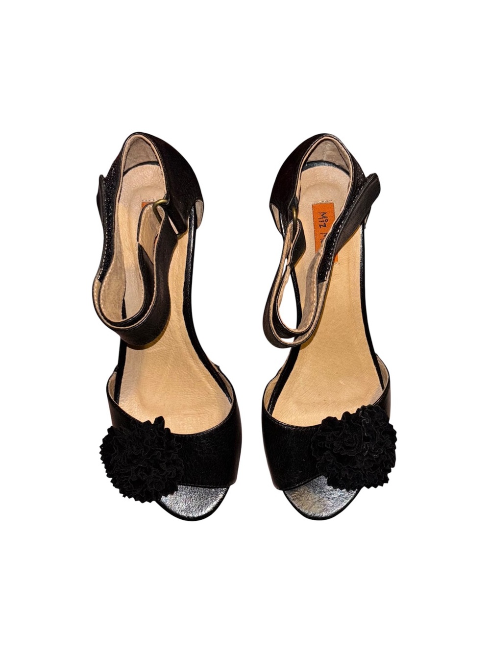 Miz Mooz Yona Leather Black Open-Toe Ankle Strap Heels with Floral Pom Detail